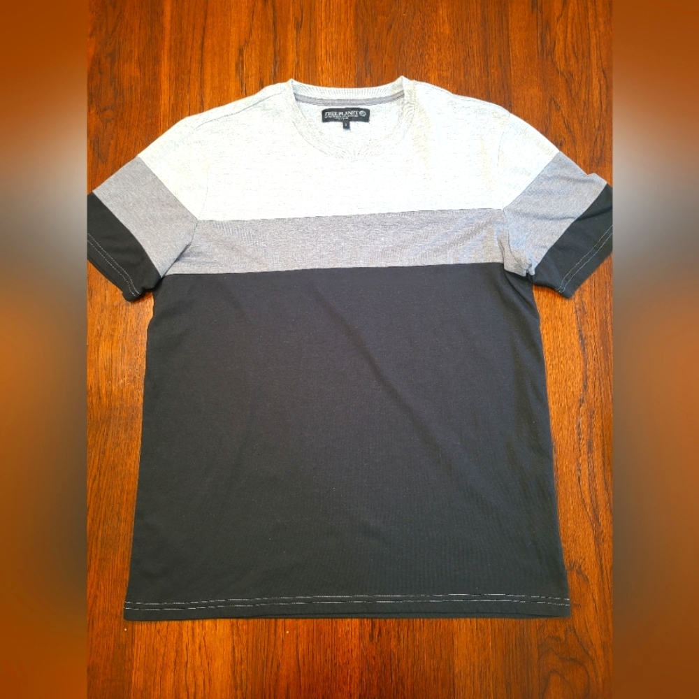 Free Planet Black Gray Stripe Colorblock Cotton Lightweight T-Shirt, Men's Large